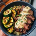 Grilled Steak Bowl with Creamy Sauce & Grilled Zucchini