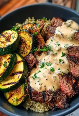 Grilled Steak Bowl with Creamy Sauce & Grilled Zucchini