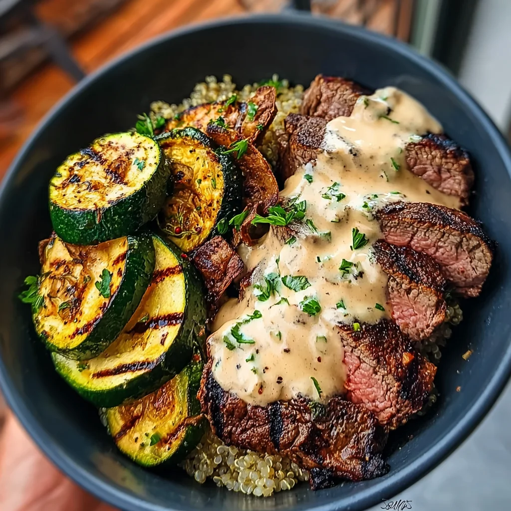 Grilled Steak Bowl with Creamy Sauce & Grilled Zucchini