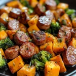 Sheet Pan Sausage and Sweet Potatoes with Honey Garlic Sauce