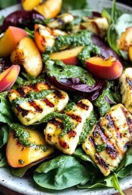 Griddled Halloumi and Peach Salad with Homemade Lemon Pesto