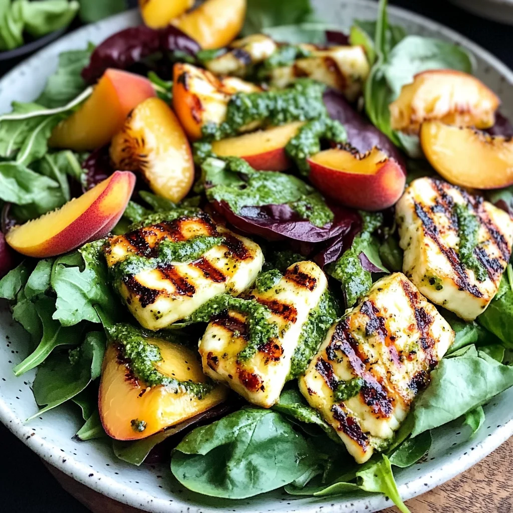 Griddled Halloumi and Peach Salad with Homemade Lemon Pesto