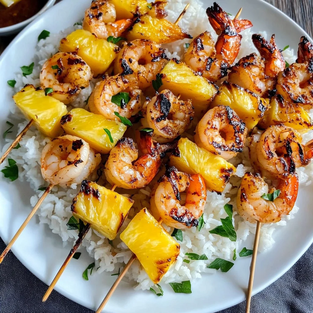 Grilled Shrimp and Pineapple Skewers over Coconut Rice