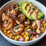 Grilled Shrimp Bowl with Avocado, Corn Salsa & Creamy Garlic Sauce