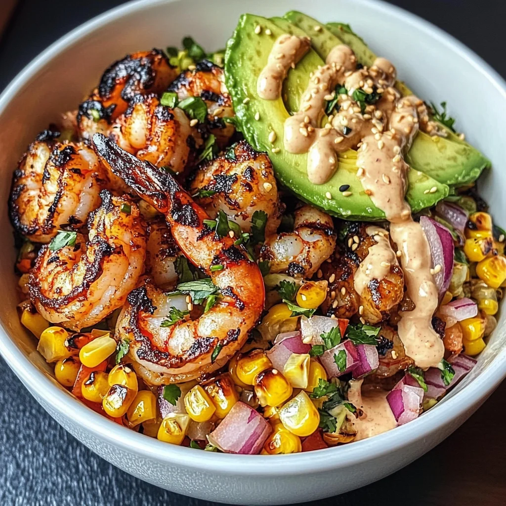 Grilled Shrimp Bowl with Avocado, Corn Salsa & Creamy Garlic Sauce