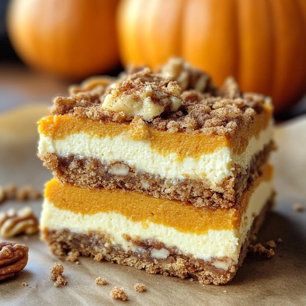 Pumpkin Cheesecake Bars with Walnut Crust and Streusel Topping