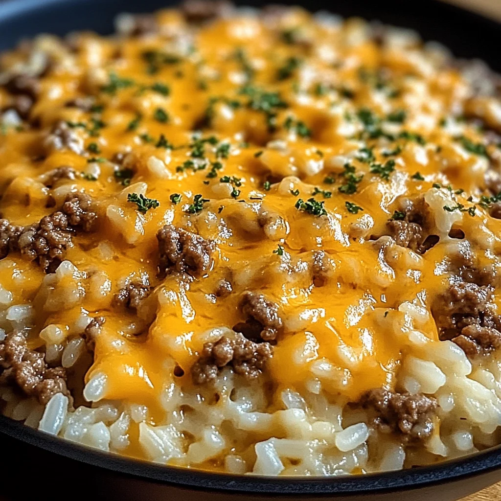 Garlic Butter Beef and Rice Skillet with Cheddar Parmesan Sauce