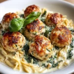 Baked Chicken Ricotta Meatballs with Spinach Alfredo Sauce