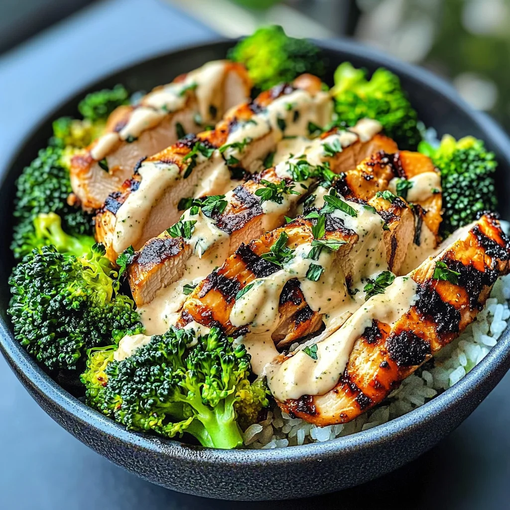 Grilled Chicken & Broccoli Bowls with Creamy Garlic Sauce Recipe
