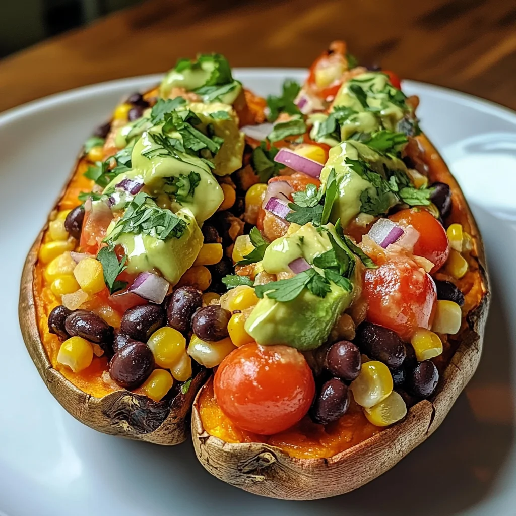 Stuffed Sweet Potato with Avocado, Black Beans & Cilantro Lime Crema