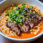 Spicy Korean Ramen with Grilled Beef & Creamy Sauce