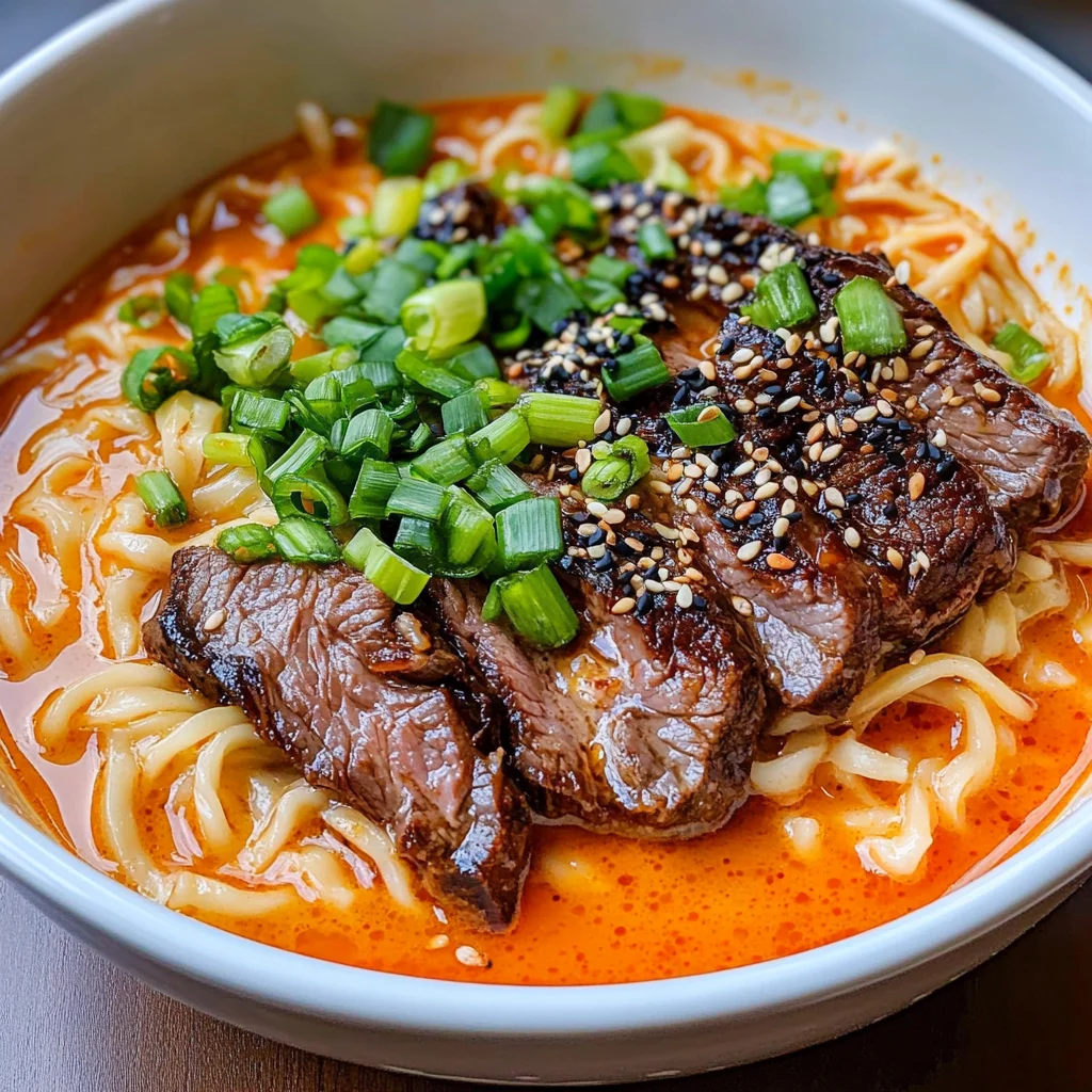 Spicy Korean Ramen with Grilled Beef & Creamy Sauce