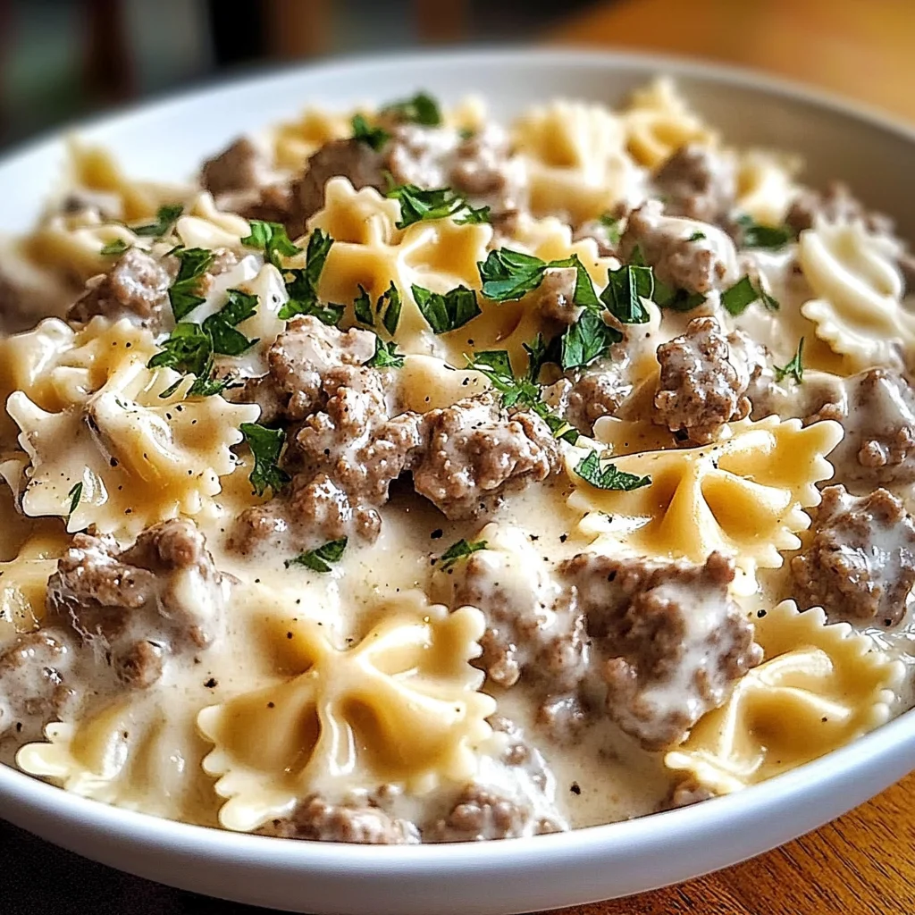 Beef and Bowtie Pasta with Alfredo Sauce
