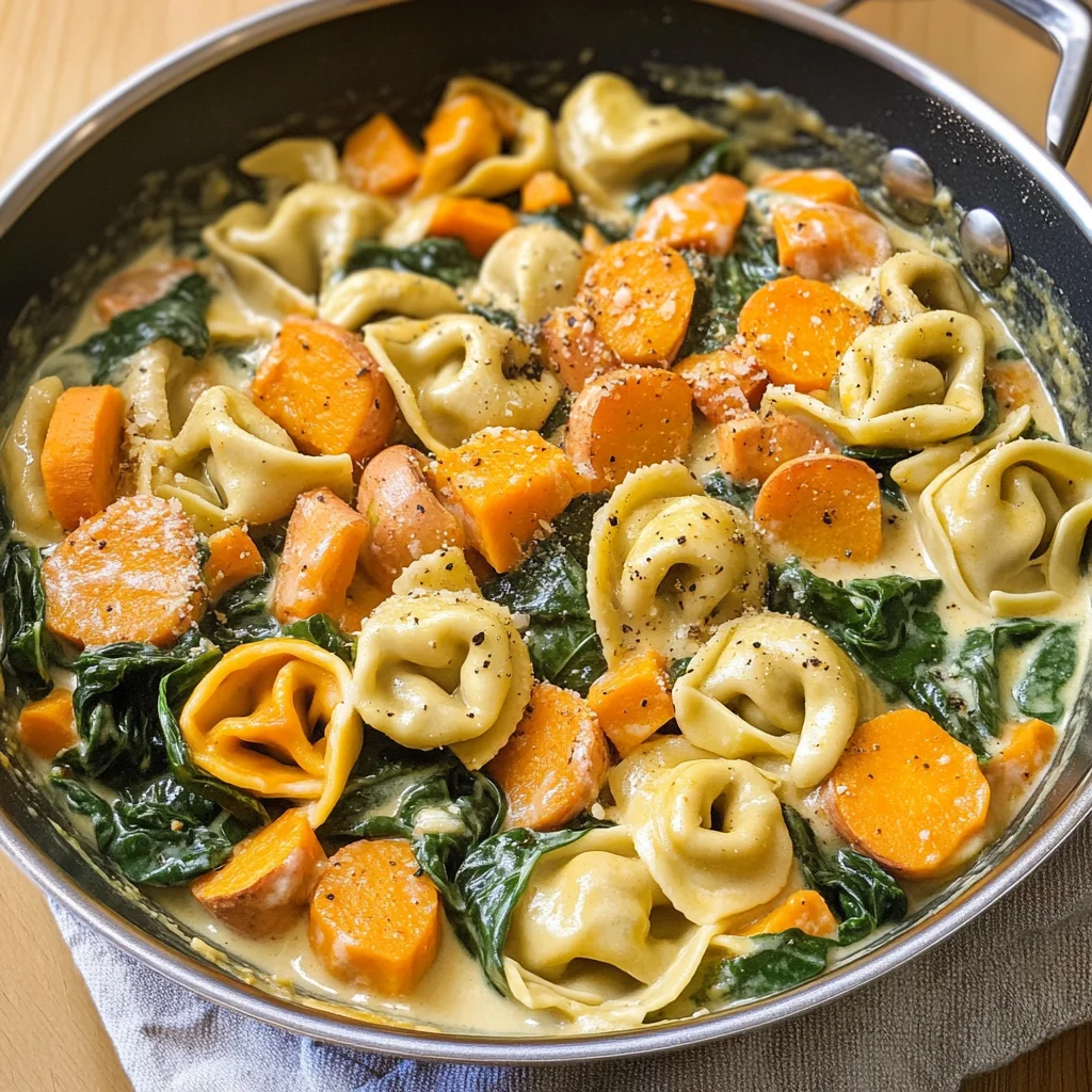 Creamy Skillet Tortellini with Sweet Potato and Spinach