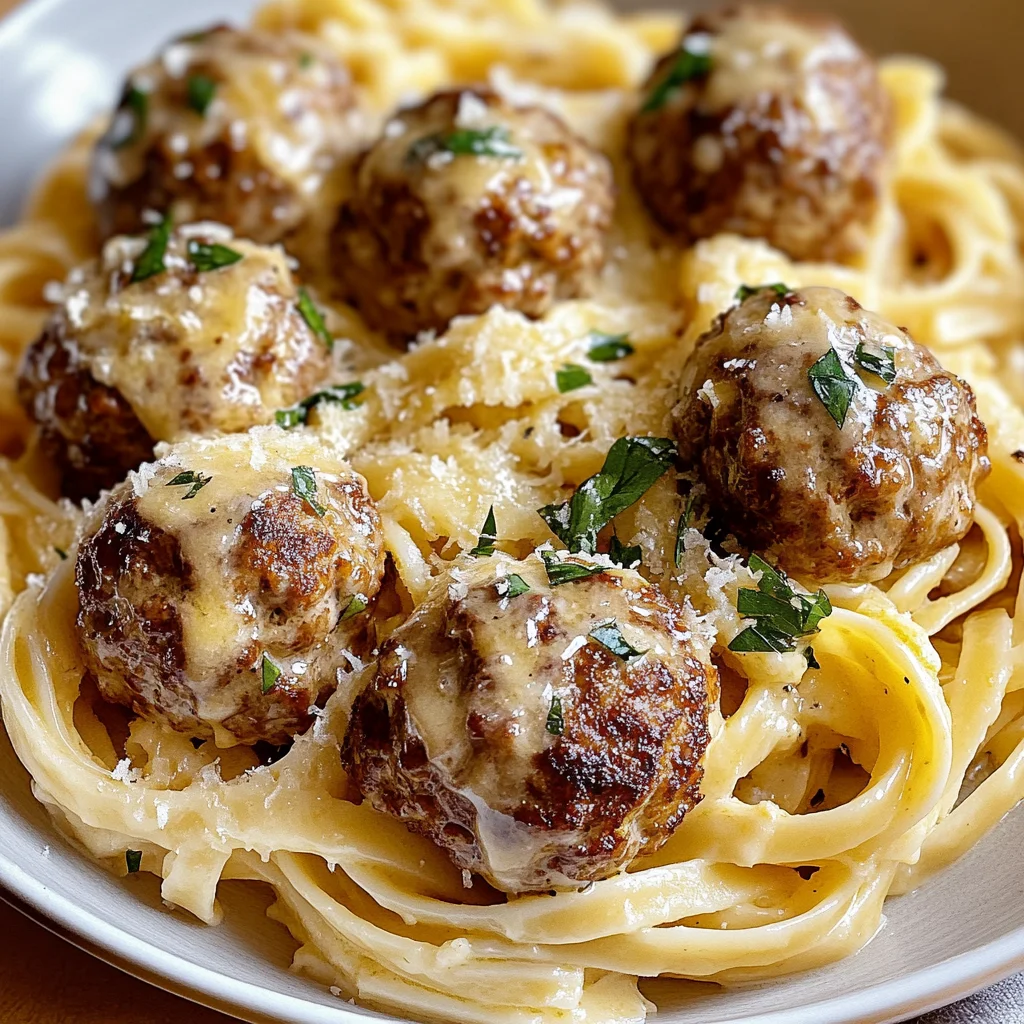 Easy Garlic Butter Meatballs Served Over Creamy Parmesan Linguine