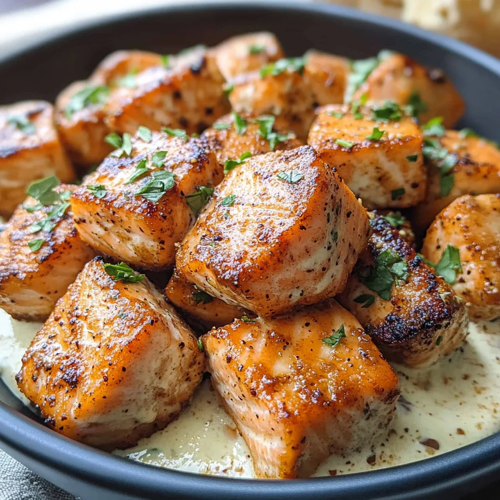 Air Fryer Salmon Bites with Garlic Cream Sauce