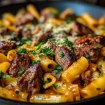 Creamy Smoky BBQ Steak and Cheddar Pasta Skillet
