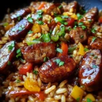 Sticky Honey BBQ Garlic Butter Sausage Rice Skillet