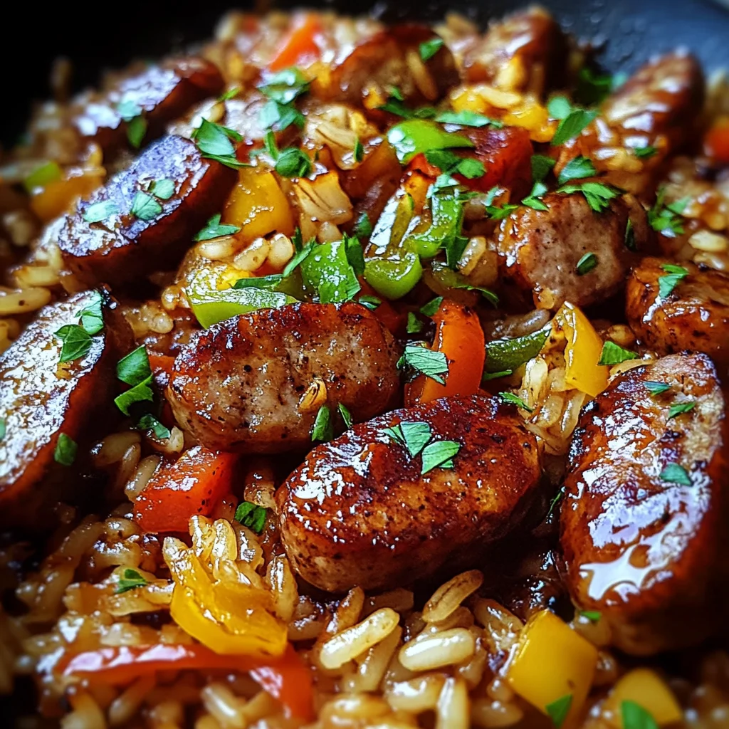 Sticky Honey BBQ Garlic Butter Sausage Rice Skillet