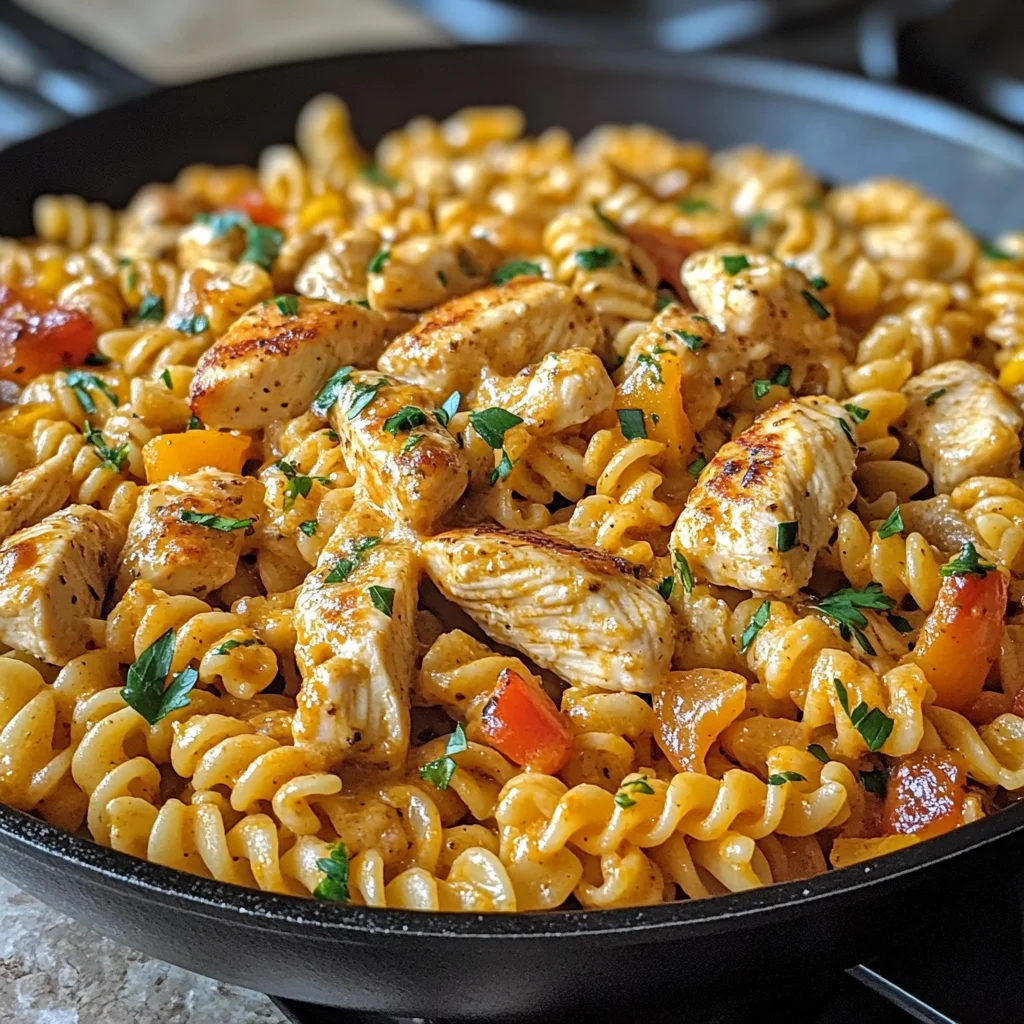 Cheesy Cajun Garlic Chicken Rotini Skillet Delight