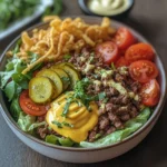 Viral Smash Burger Bowls with Tangy Pickle Aioli & Crispy Onion Straws