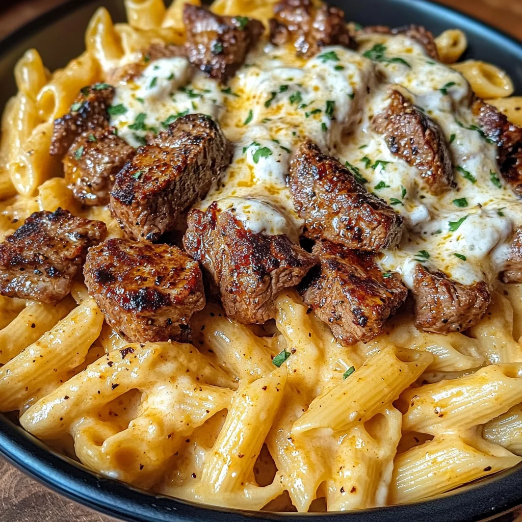 Cajun Steak Tips with Penne in Parmesan Cheese Sauce