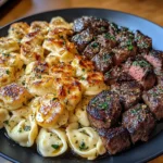 Cheesy Mozzarella Tortellini with Garlic Butter Steak Tips