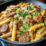 Creamy Bold Honey Mustard Sausage Penne Skillet