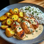 Creamy Garlic Chicken with Herbed Potatoes & Fluffy Rice