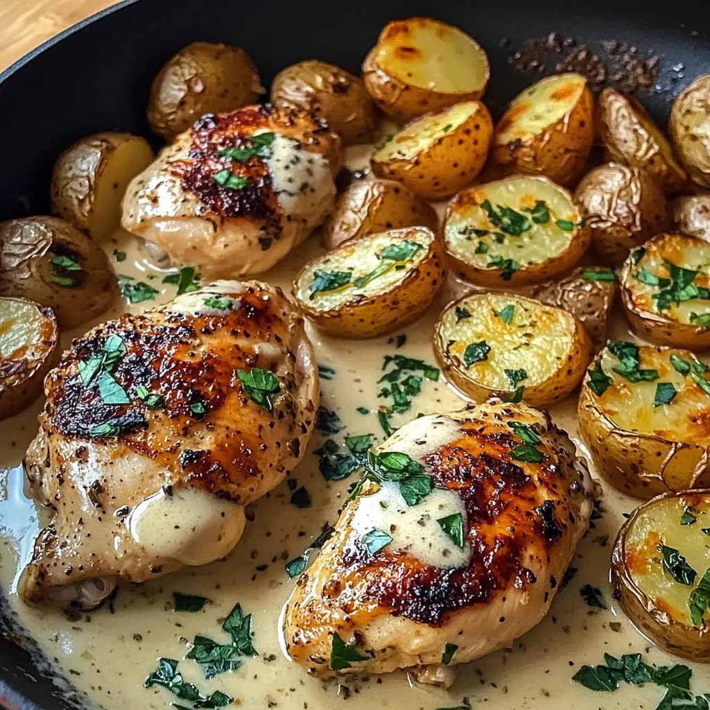 Creamy Garlic Chicken with Roasted Baby Potatoes