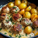 Creamy Garlic Herb Meatballs with Golden Potatoes