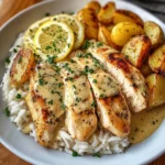 Creamy Garlic Lemon Chicken with Rice & Roasted Potatoes