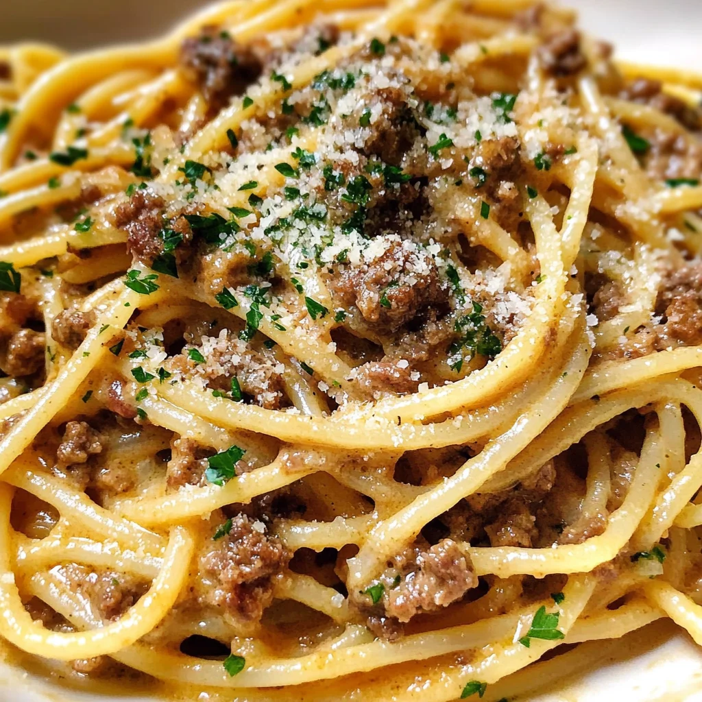 Creamy Garlic Parmesan Spaghetti with Ground Beef