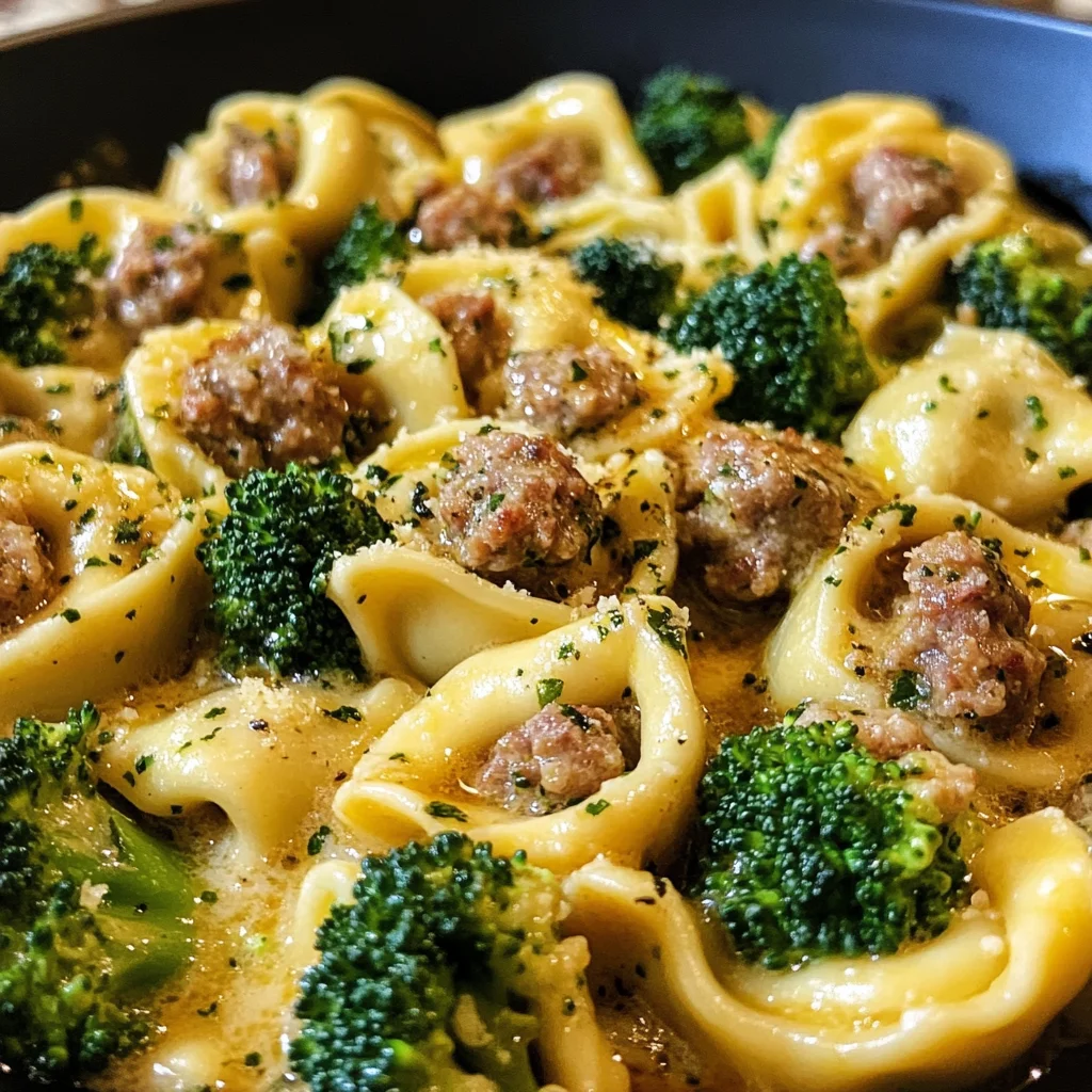 Creamy Garlic Parmesan Tortellini with Sausage and Broccoli for dinner