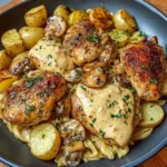 Creamy Herb Chicken Thighs with Roasted Potatoes & Lemon Mushroom Pasta
