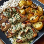 Creamy Herb Chicken with Rice, Potatoes & Garlic Mushrooms