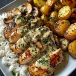 Creamy Herb Chicken with Rice, Potatoes & Garlic Mushrooms
