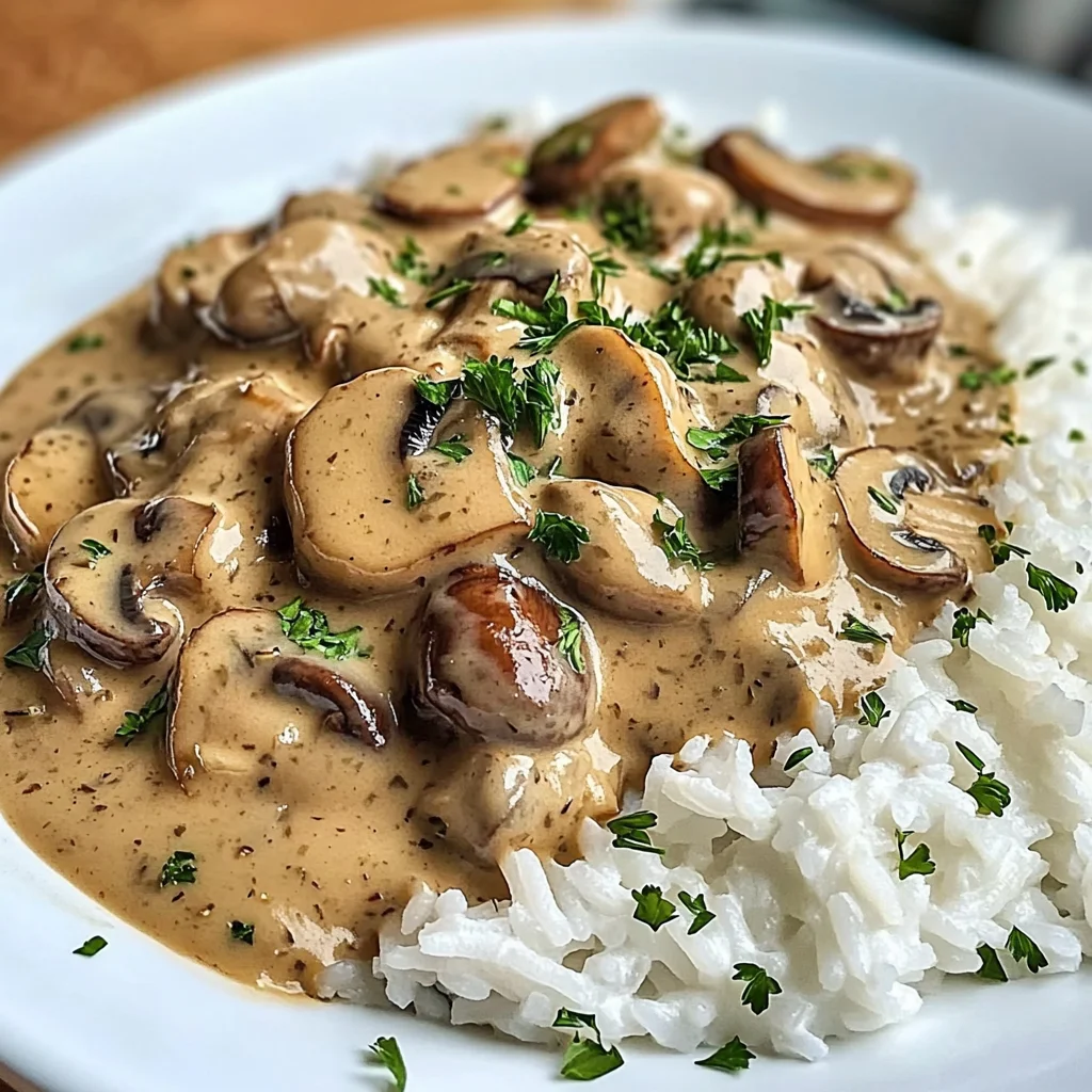Creamy Mushroom Stroganoff with Fluffy White Rice