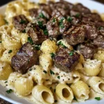 Creamy Parmesan Shell Pasta with Garlic Butter Steak Cubes