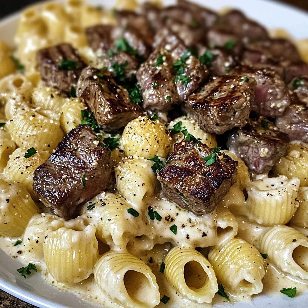 Creamy Parmesan Shell Pasta with Garlic Butter Steak Cubes