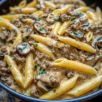 Creamy Velveeta Beef Stroganoff and Penne Pasta