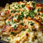 Creamy White Cheddar Garlic Butter Chicken Rice Skillet