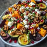 Festive Roasted Veggie Salad with Feta, Walnuts & Pomegranate Jewels