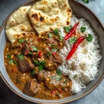 Fiery Beef Coconut Curry with Rice, Garlic Naan & Chili Garnish