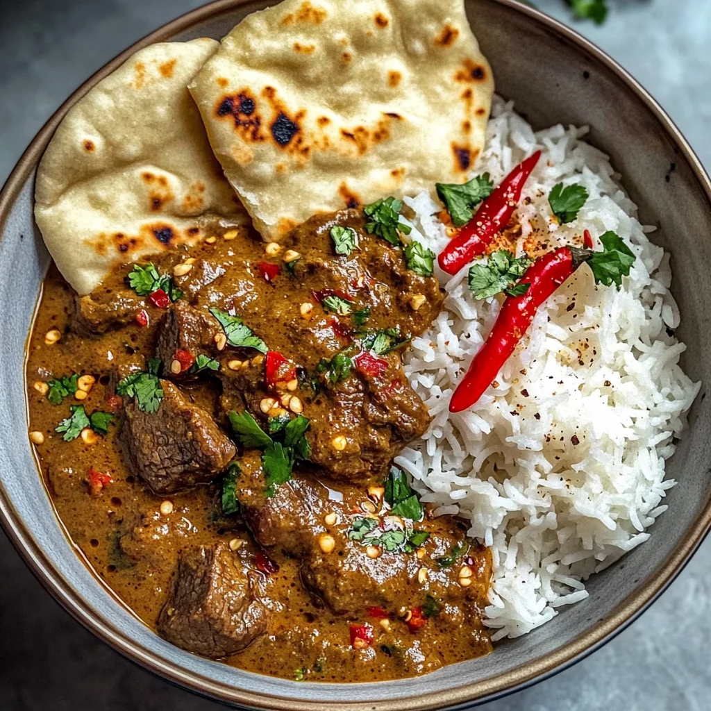 Fiery Beef Coconut Curry with Rice, Garlic Naan & Chili Garnish
