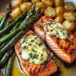 Garlic Butter Salmon with Cheesy Asparagus & Crispy Baby Potatoes