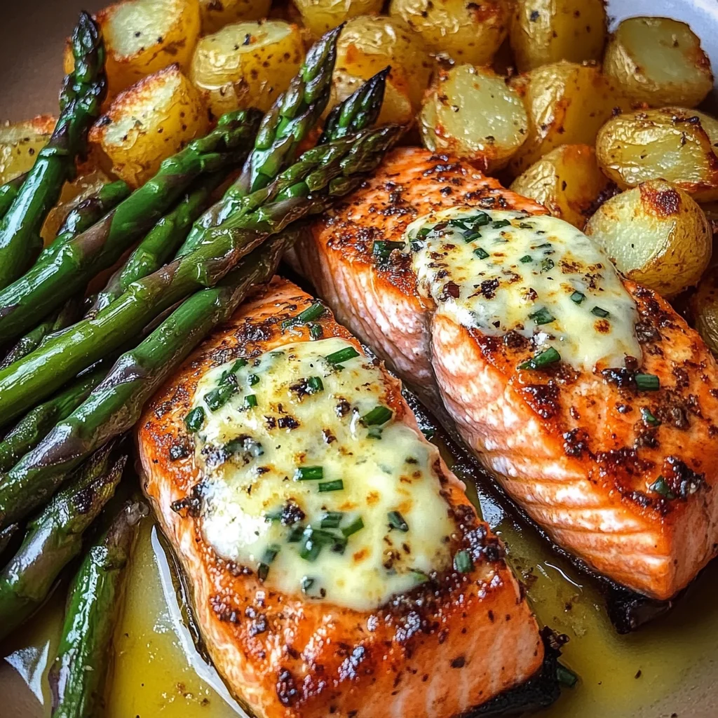 Garlic Butter Salmon with Cheesy Asparagus & Crispy Baby Potatoes