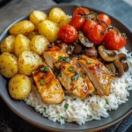 Glazed Chicken Filets with Rice, Garlic Potatoes & Roasted Veggies