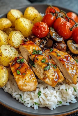 Glazed Chicken Filets with Rice, Garlic Potatoes & Roasted Veggies