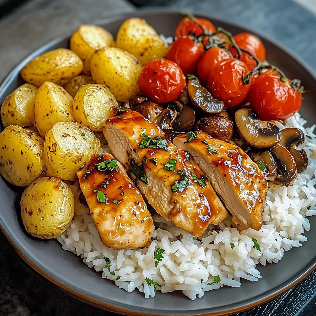Glazed Chicken Filets with Rice, Garlic Potatoes & Roasted Veggies
